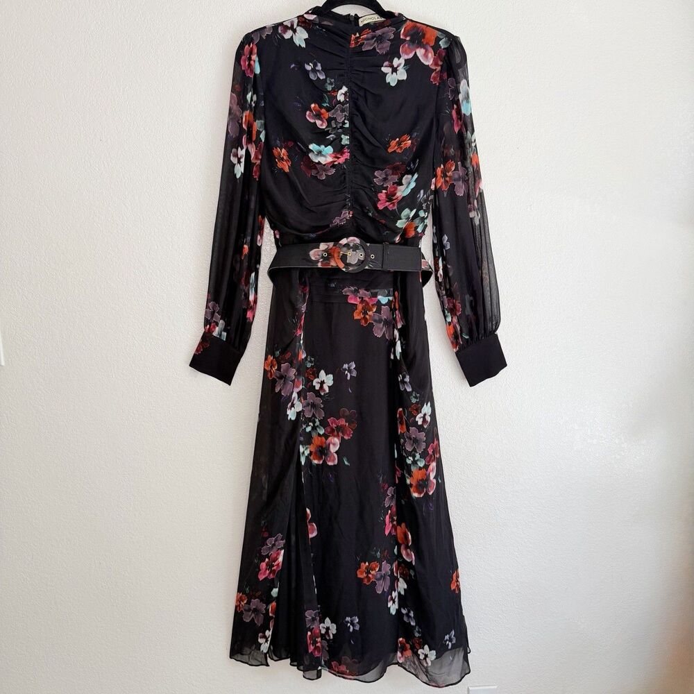 Nicholas Gathered Floral Print 100% Silk Chiffon Dress Black Size 10 Belted